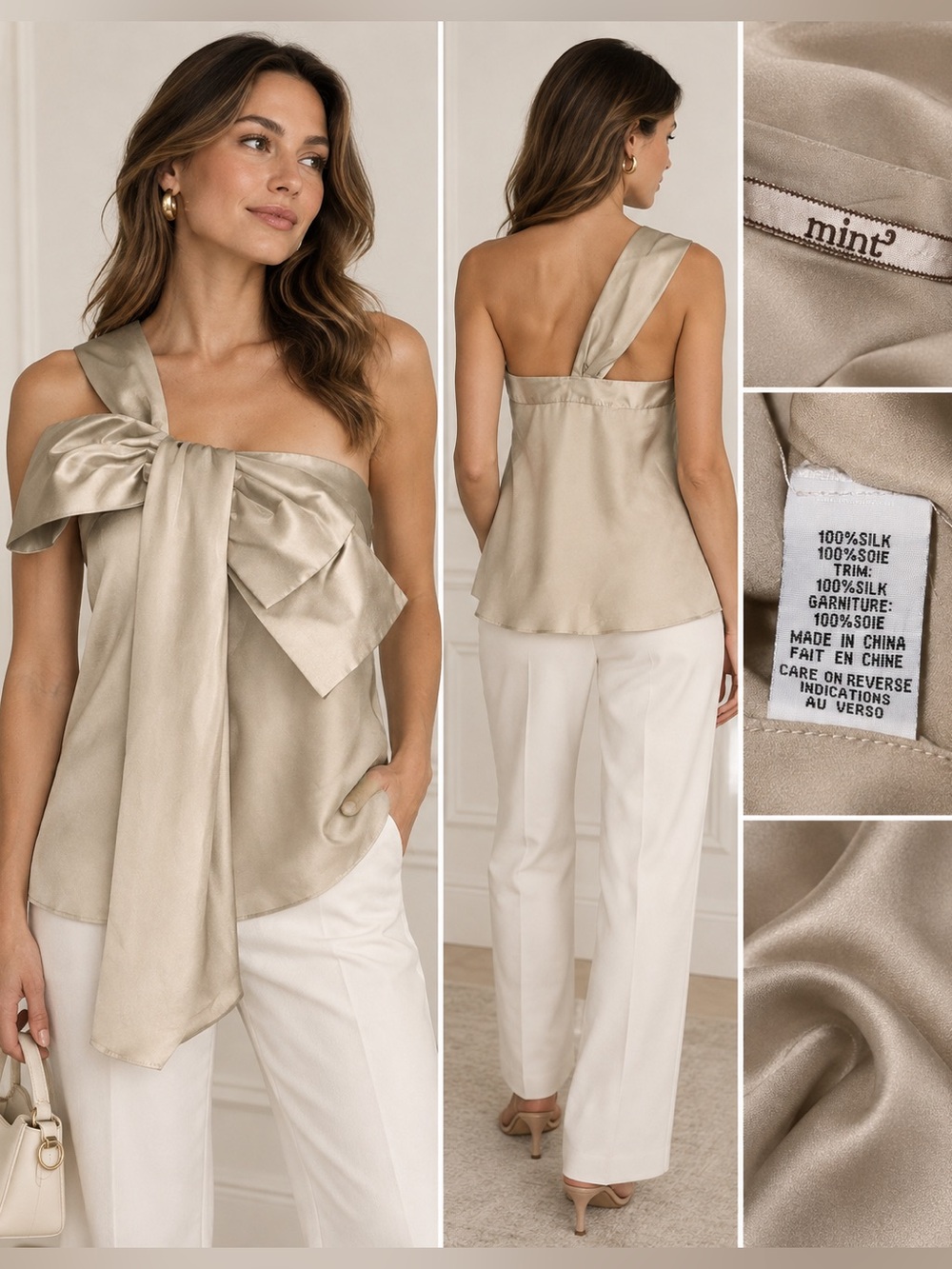 MINT 100% Silk Champagne One Shoulder Oversized Bow Draped Top